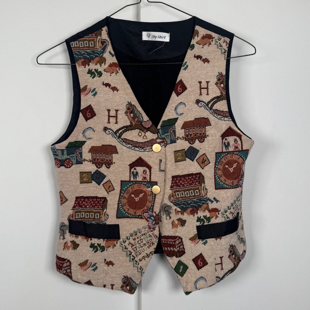 Top Shirt Vintage Tapestry Vest Woven Novelty Print Rocking Horse Cuckoo Clock